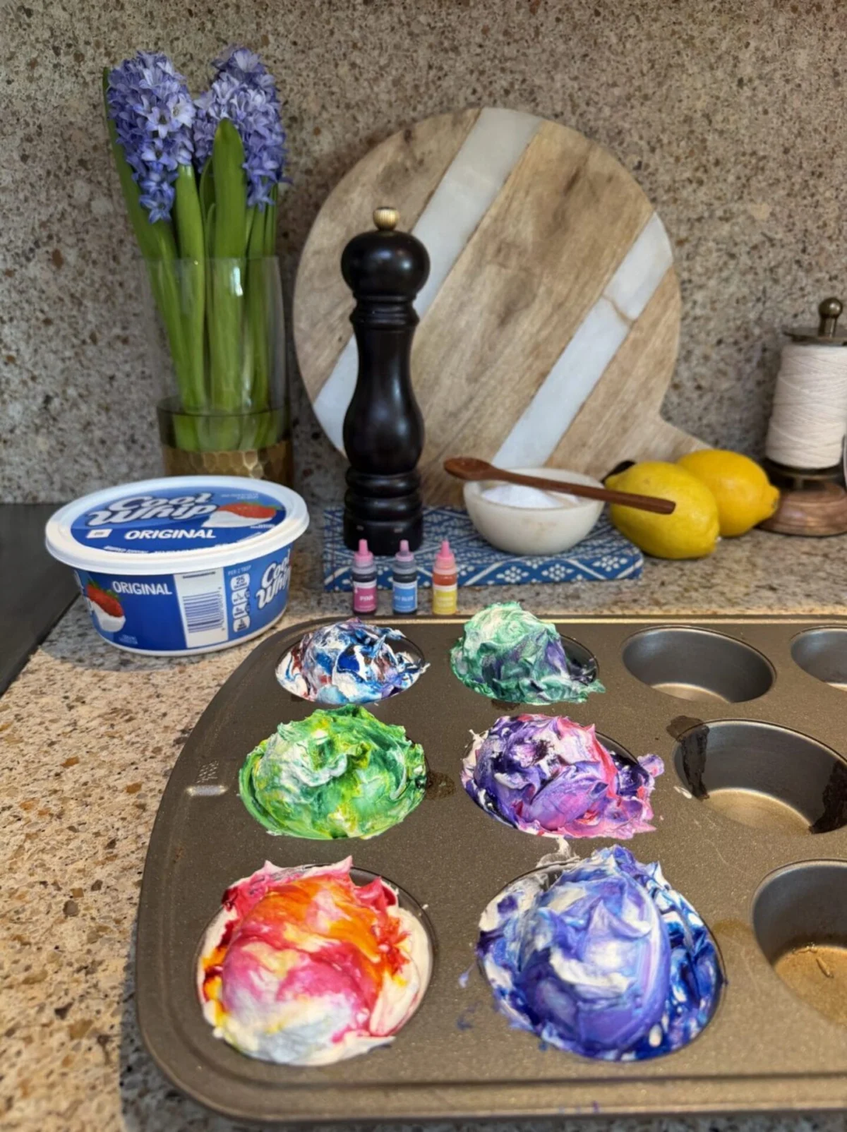 Cool Whip-dyed Easter eggs offer an artsy, edible twist to the classic method